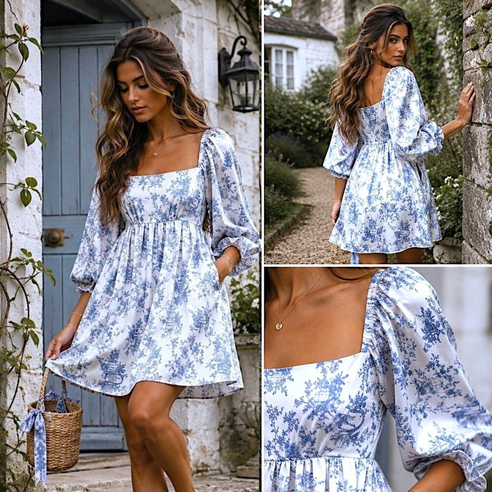 Arula Toile XL Satin Romantic Babydoll Mini Dress Blue White Pocket Cottagecore
